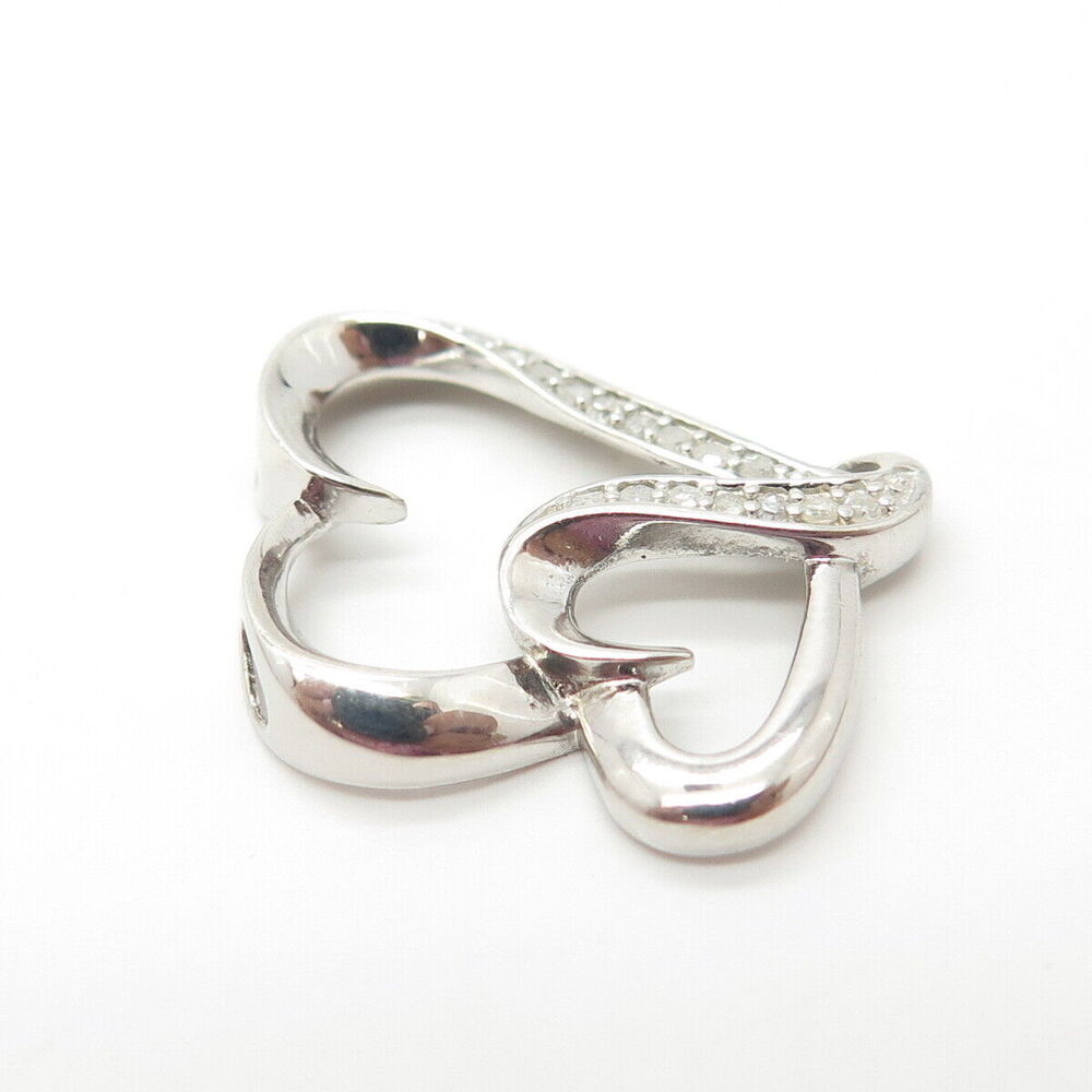 925 Sterling Silver Real White Diamond Couple of Hearts Pendant - Picture 7 of 8